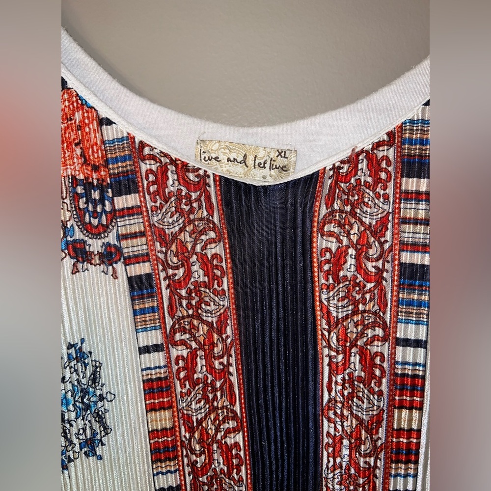 Live & Let Live Accordion Tunic Tank White Red Navy Gold Turquoise Mandala Print